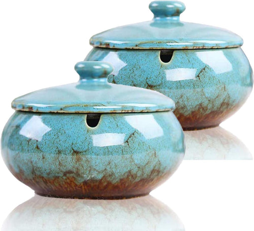 2 Pack Ceramic Ashtray with Lids, Windproof, Cigarette Ashtray for Indoor or Outdoor Use,Ash Holder for Smokers,Desktop Smoking Ash Tray for Home Office Decoration (Blue)