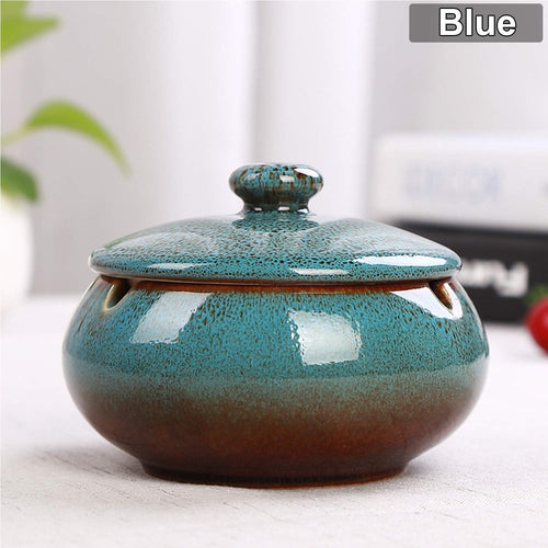 2 Pack Ceramic Ashtray with Lids, Windproof, Cigarette Ashtray for Indoor or Outdoor Use,Ash Holder for Smokers,Desktop Smoking Ash Tray for Home Office Decoration (Blue)
